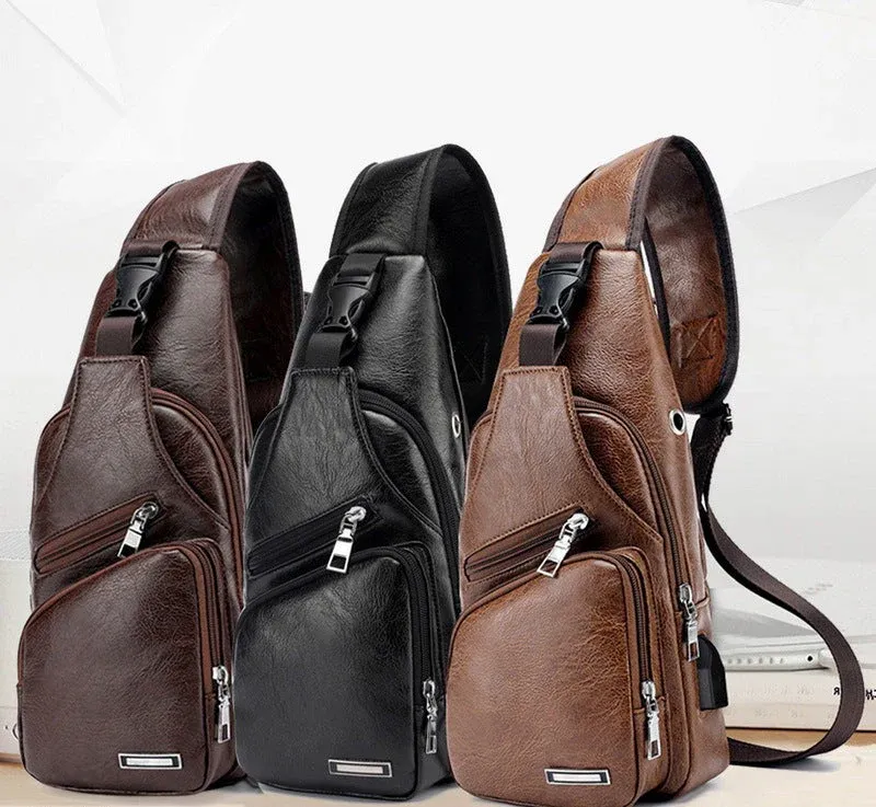 Sac à dos USB pour hommes - Sac à bandoulière personnalisé en PU/PVC, sac de voyage diagonal, sac messager tendance